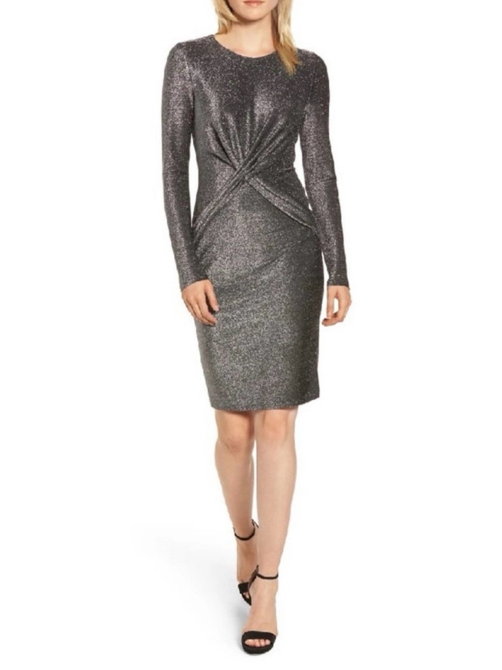 Michael Kors Shimmer Twist Front Long Sleeve Dress Silver Sparkle Holiday Dress